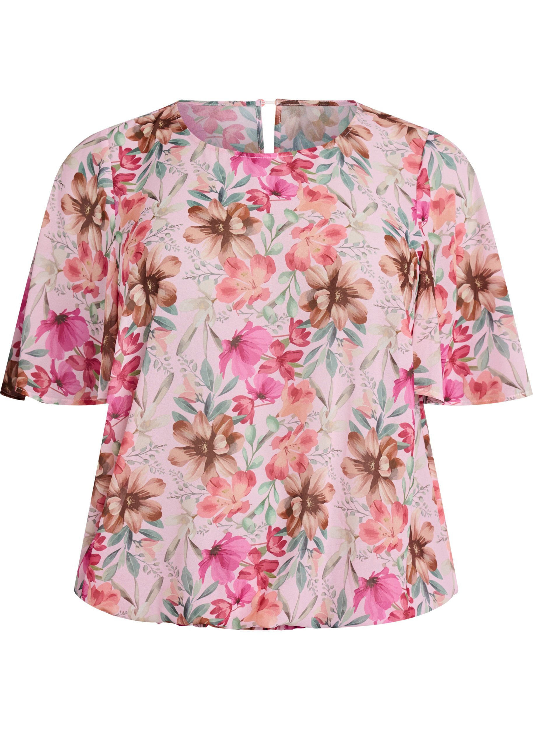 Zizzi Blomstret bluse med korte &aelig;rmer og smock, Lyser&oslash;d, Packshot image number 0