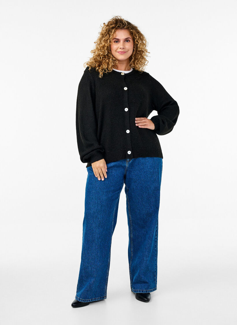 Strikcardigan med uld og knapper, Black Solid, Model image number 2