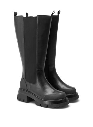 Wide fit læderstøvle med lang skaft og elastik, Black, Packshot image number 1