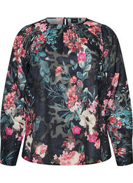 Blomstret bluse med v&aelig;vet struktur, Sort