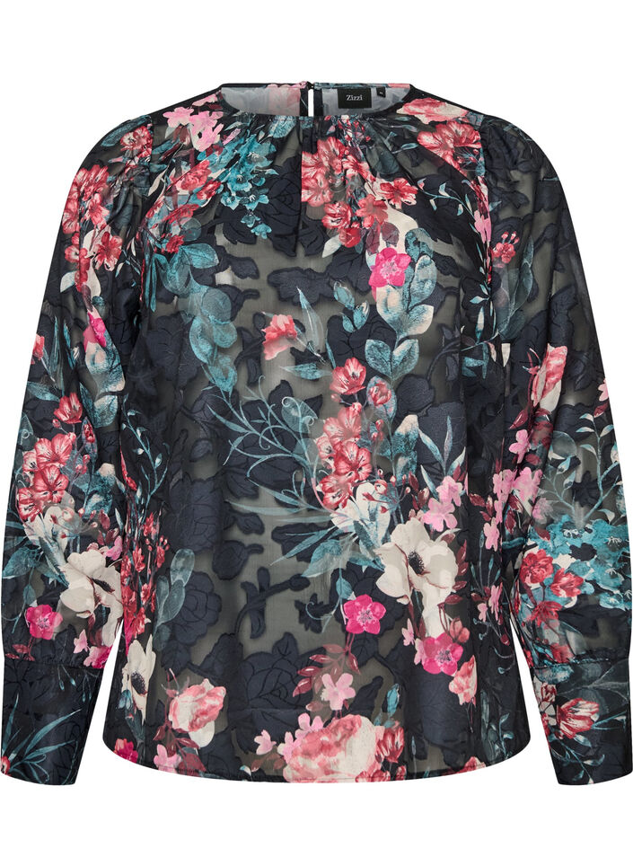 Blomstret bluse med v&aelig;vet struktur, Sort, Packshot image number 0