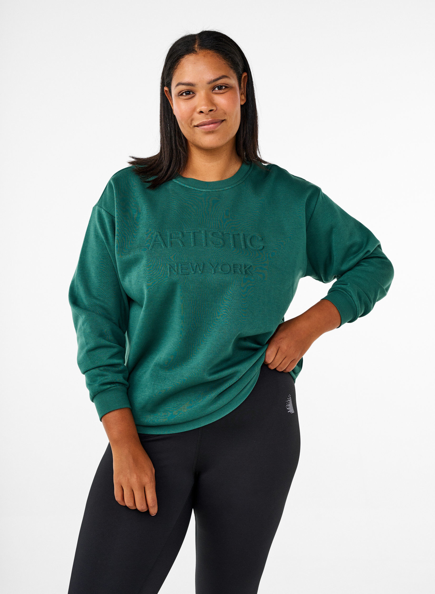 Zizzi Sweatshirt med tekst i frott&eacute;, Gr&oslash;n, Model image number 0