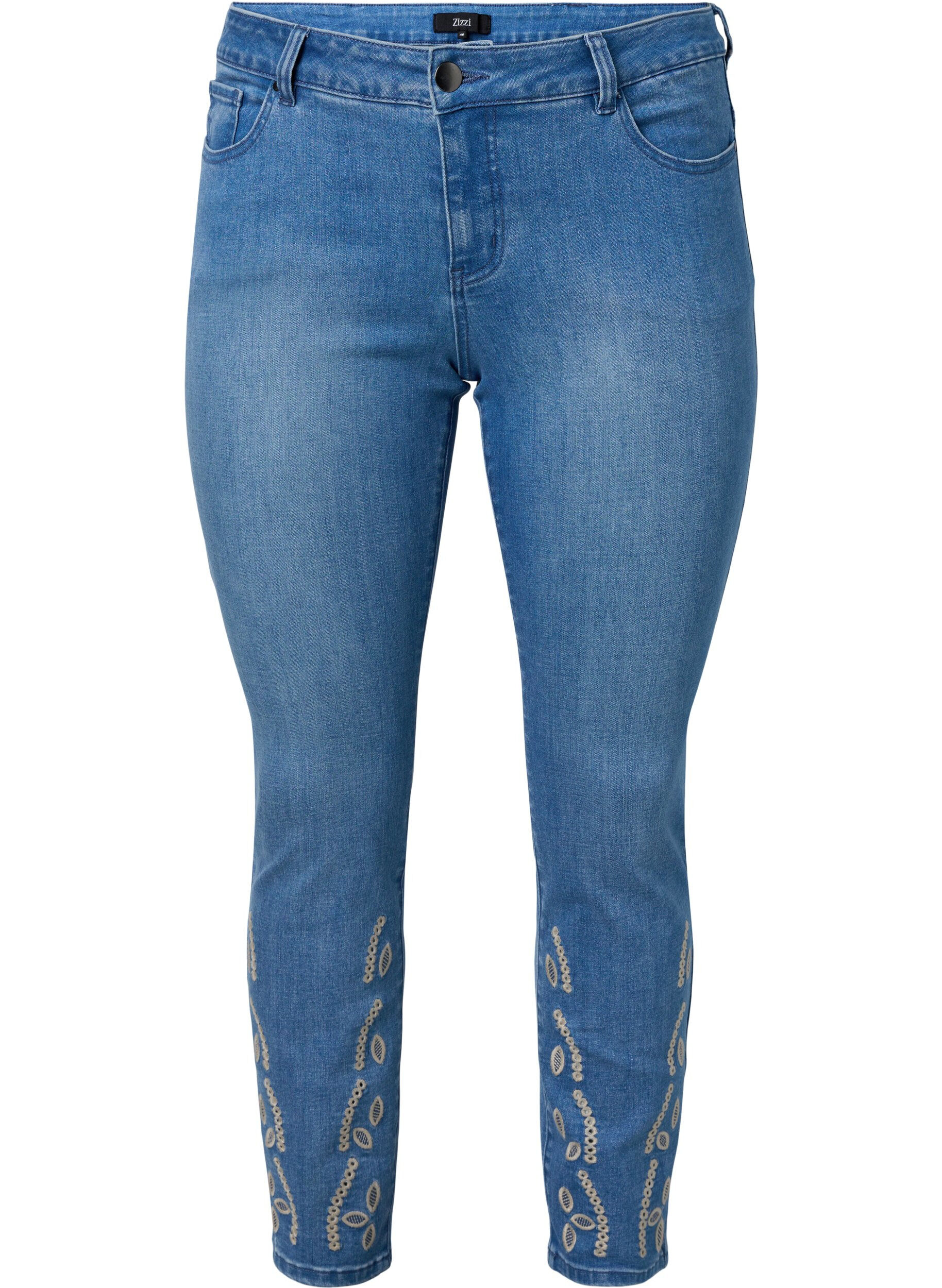 Zizzi Cropped Emily jeans med broderi, Blue denim, Packshot image number 0