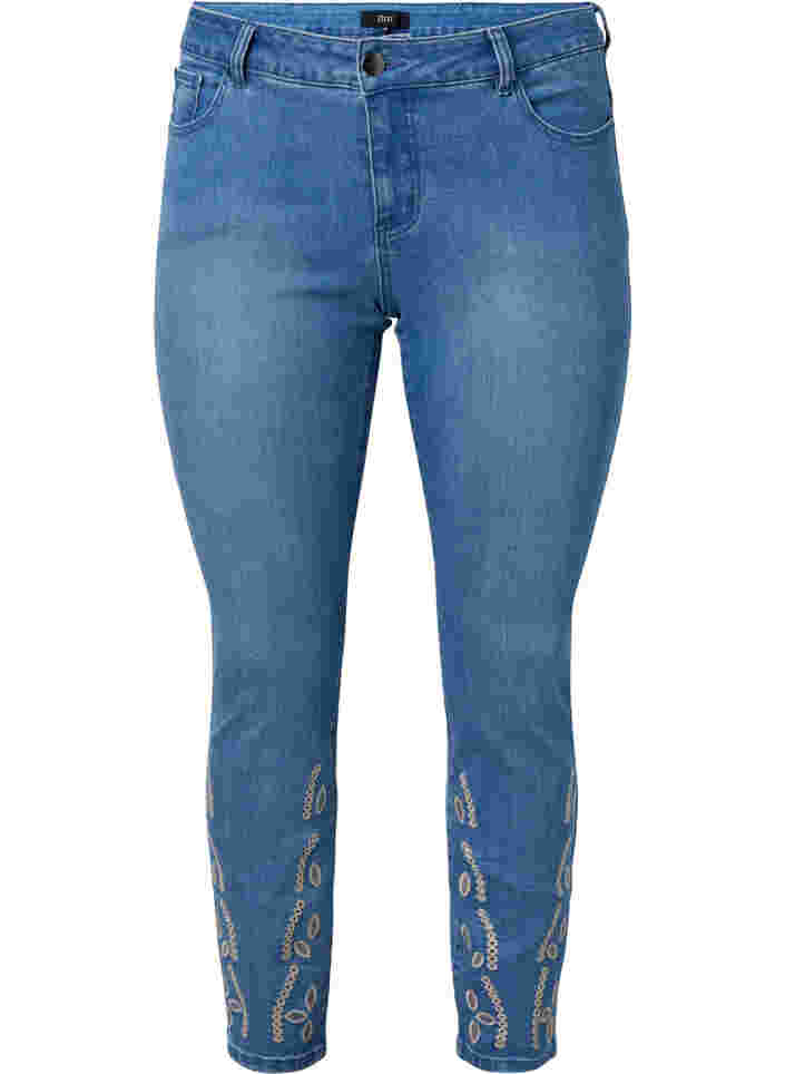 Cropped Emily jeans med broderi, Blue denim, Packshot image number 0