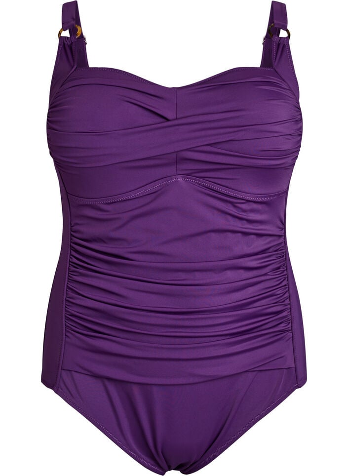 Vatteret badedragt med draperinger, Lilla, Packshot image number 0
