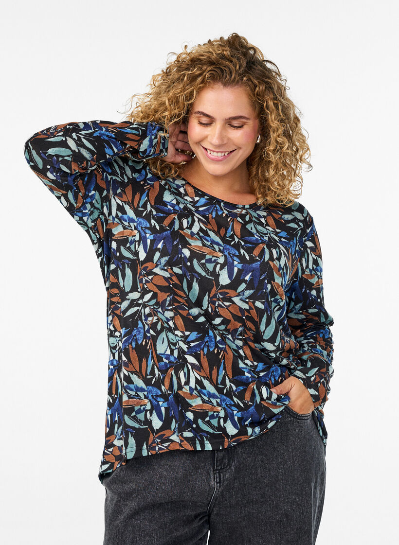 M&oslash;nstret bluse med lange &aelig;rmer, Bl&aring;, Model image number 0