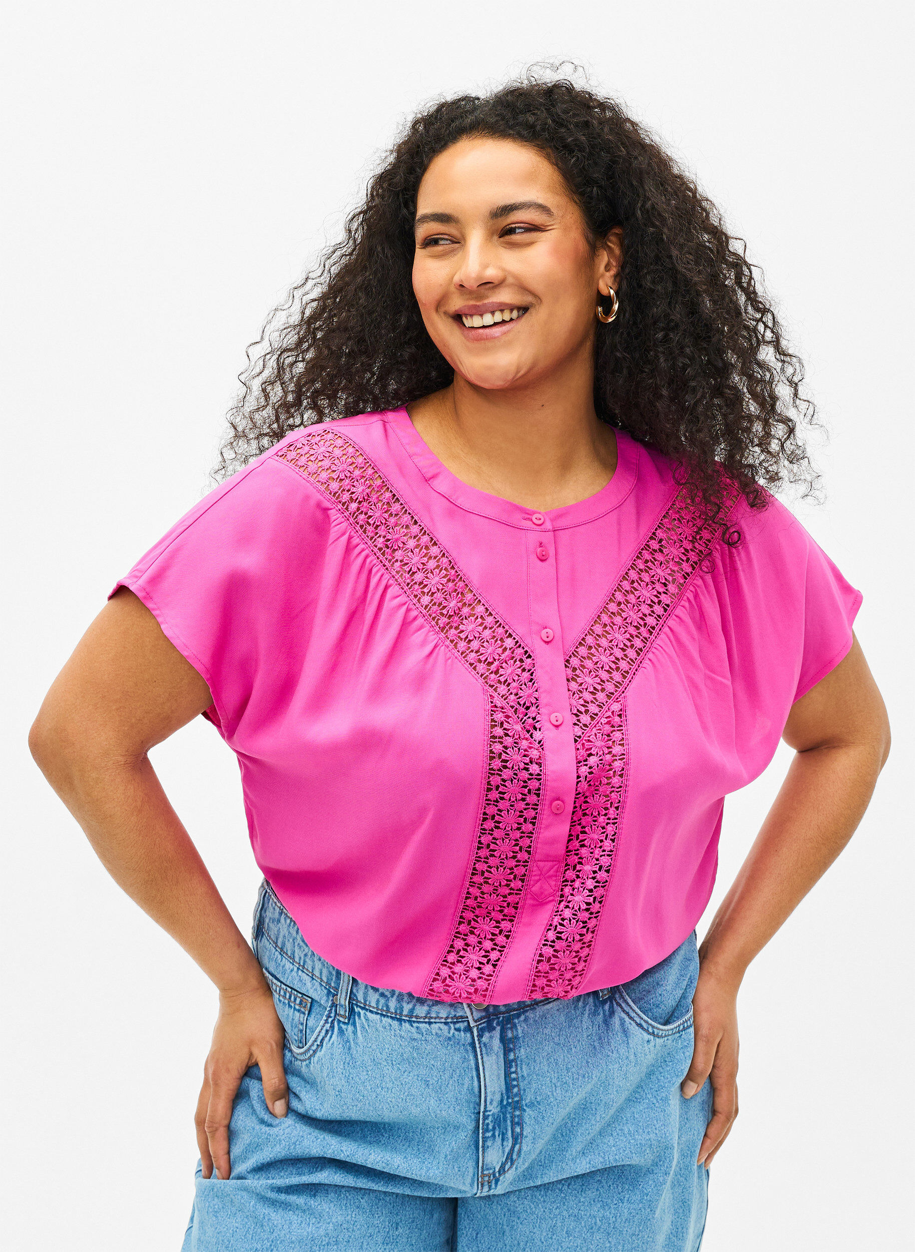 Zizzi Viskose bluse med blondeb&aring;nd, Raspberry Rose, Model image number 0