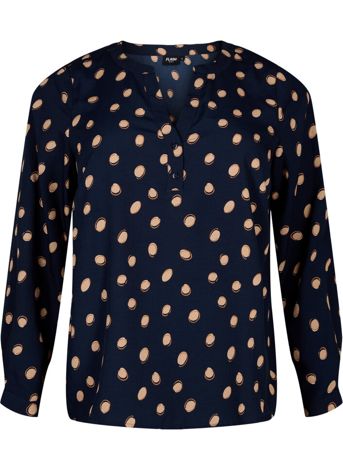 FLASH - Langærmet bluse med print, Blue Double Dot, Packshot image number 0