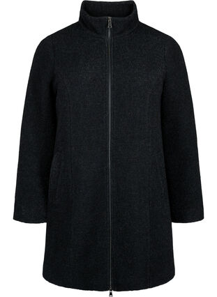 Meleret bouclé frakke med lynlås, Black Mel., Packshot image number 0