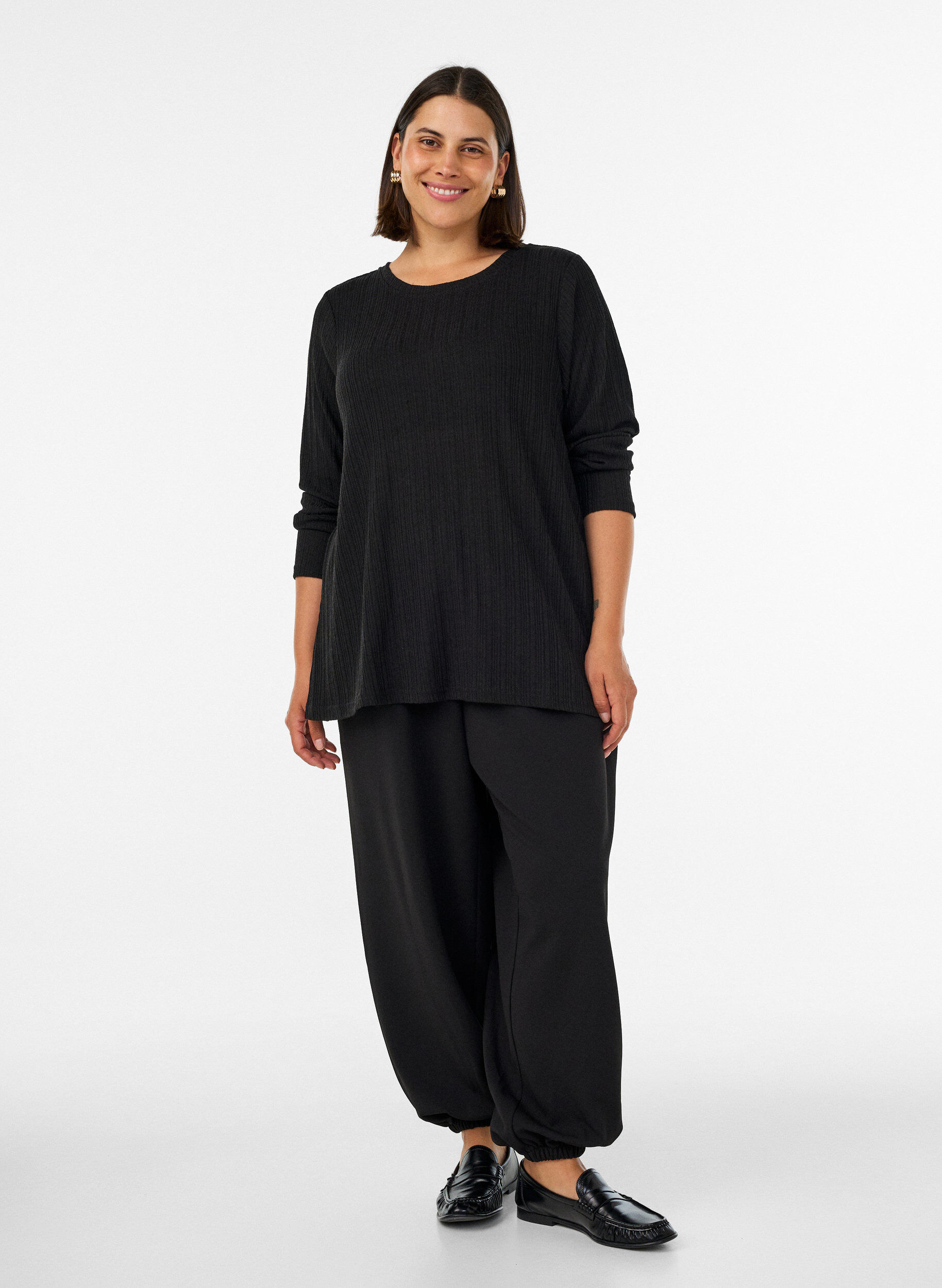 ZizziJerseybluse med ribstruktur og lange &aelig;rmer , Sort, Model image number 1