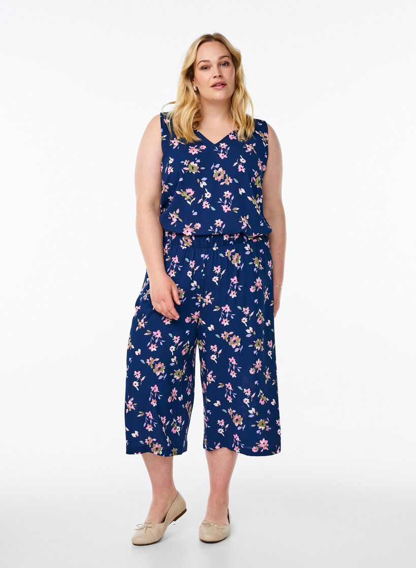 Culottebukser med print, Bl&aring;, Model image number 0