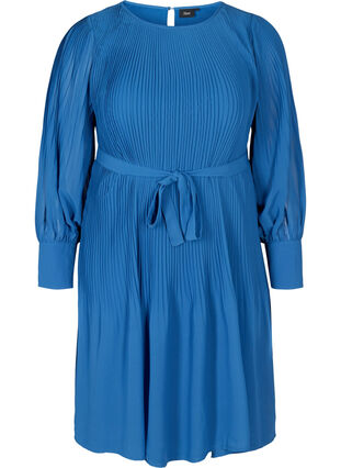 Langærmet plissé kjole med bindebånd, Classic Blue , Packshot image number 0