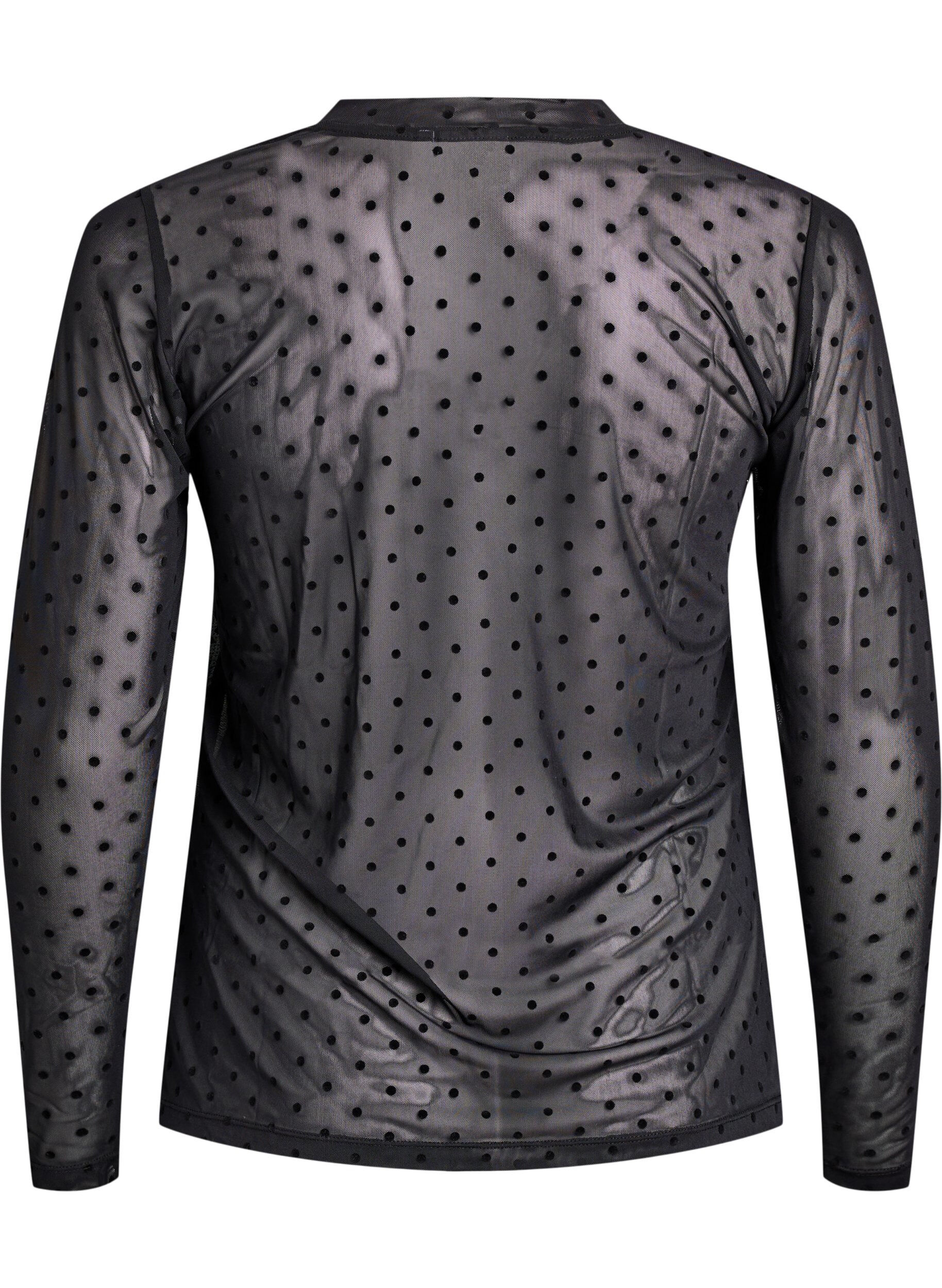 Zizzi Mesh bluse med prikker, Sort, Packshot image number 1