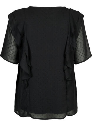 Kortærmet bluse med flæser og prikket mønster, Black, Packshot image number 1