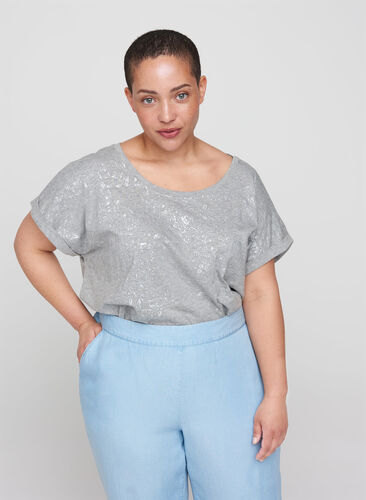 Kortærmet t-shirt med tone-i-tone print, Light Grey Melange, Model image number 0