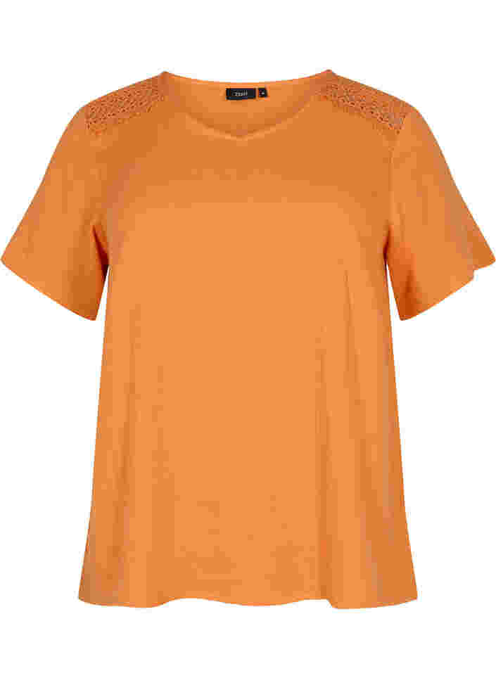 Kortærmet bomulds bluse med blonder, Amberglow, Packshot image number 0