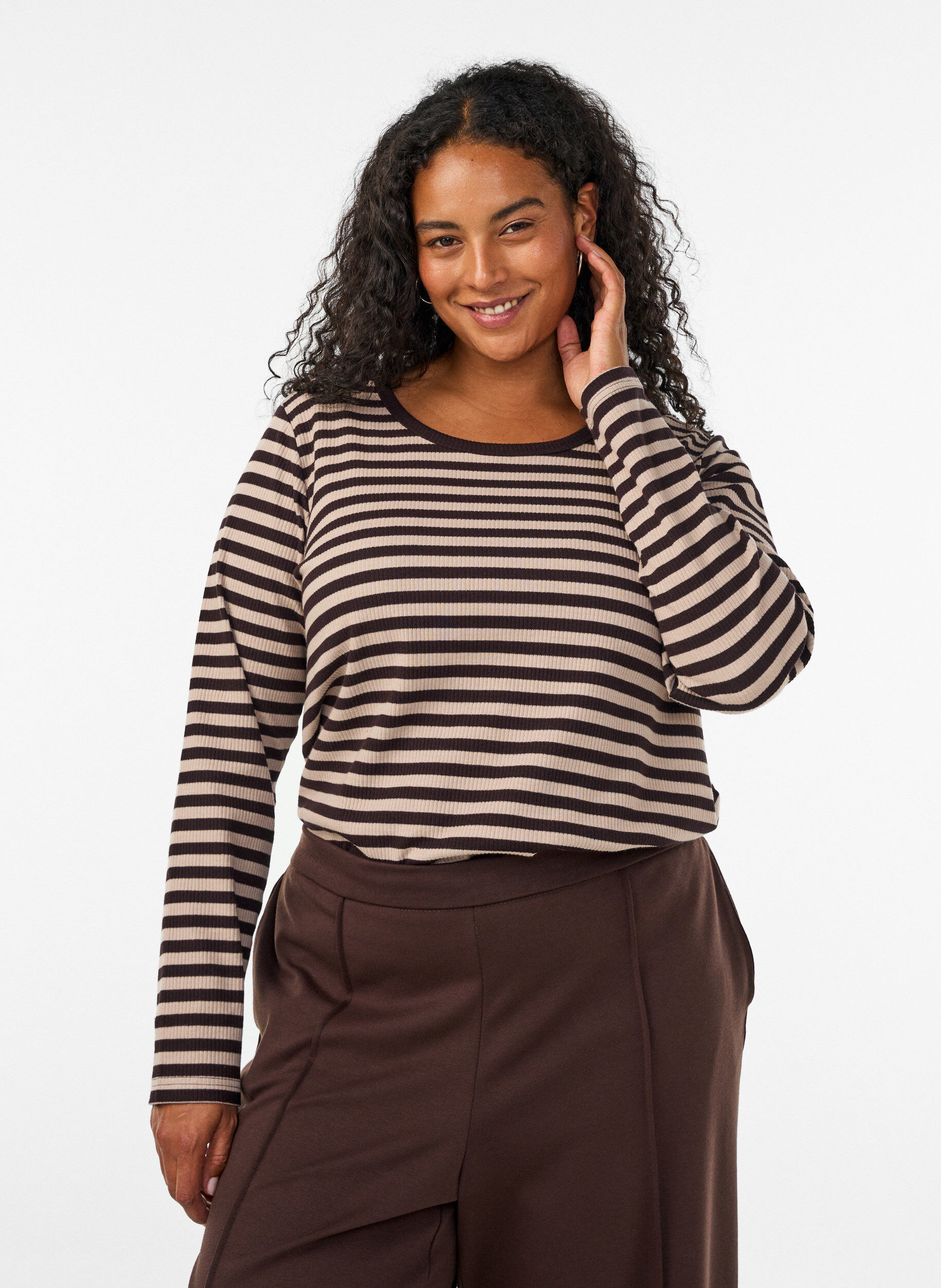 ZizziStribet bluse med lange &aelig;rmer, Brun, Model image number 0