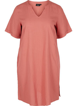Kortærmet kjole i bomuldsmix med hør, Canyon Rose, Packshot image number 0