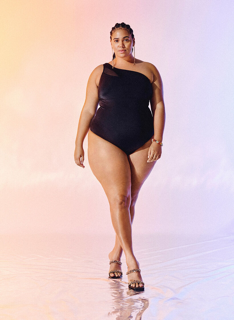 One-shoulder badedragt med meshdetaljer, Black, Image image number 0