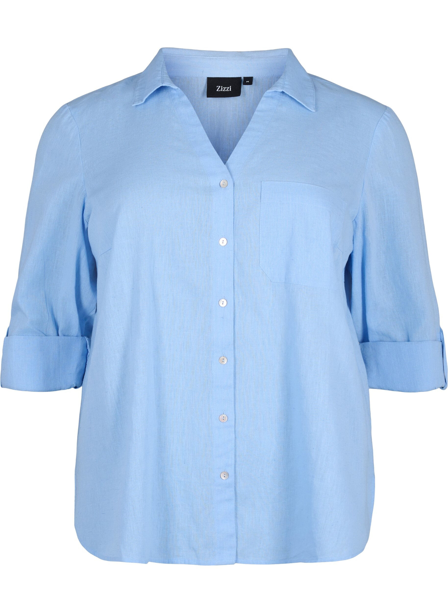 Zizzi Skjortebluse med knaplukning i bomuldsmix med h&oslash;r, Serenity, Packshot image number 0