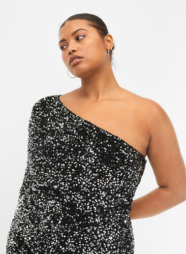 Kort one-shoulder kjole med pallietter, Black/Silver Sequins, Model image number 2