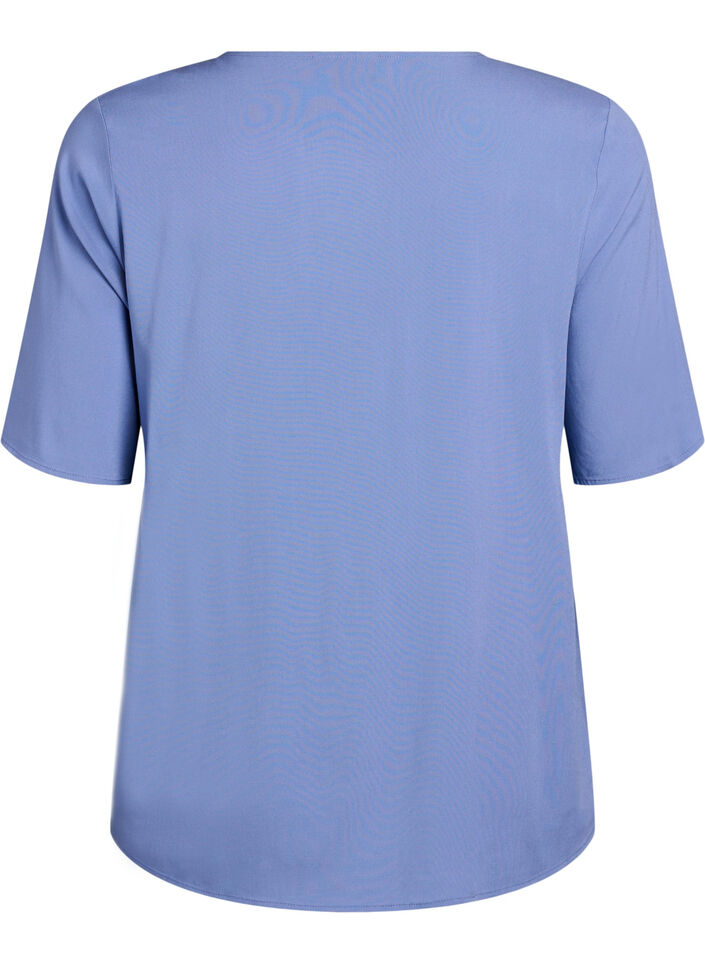 Kort&aelig;rmet v&aelig;vet bluse med rund hals, Bl&aring;, Packshot image number 1