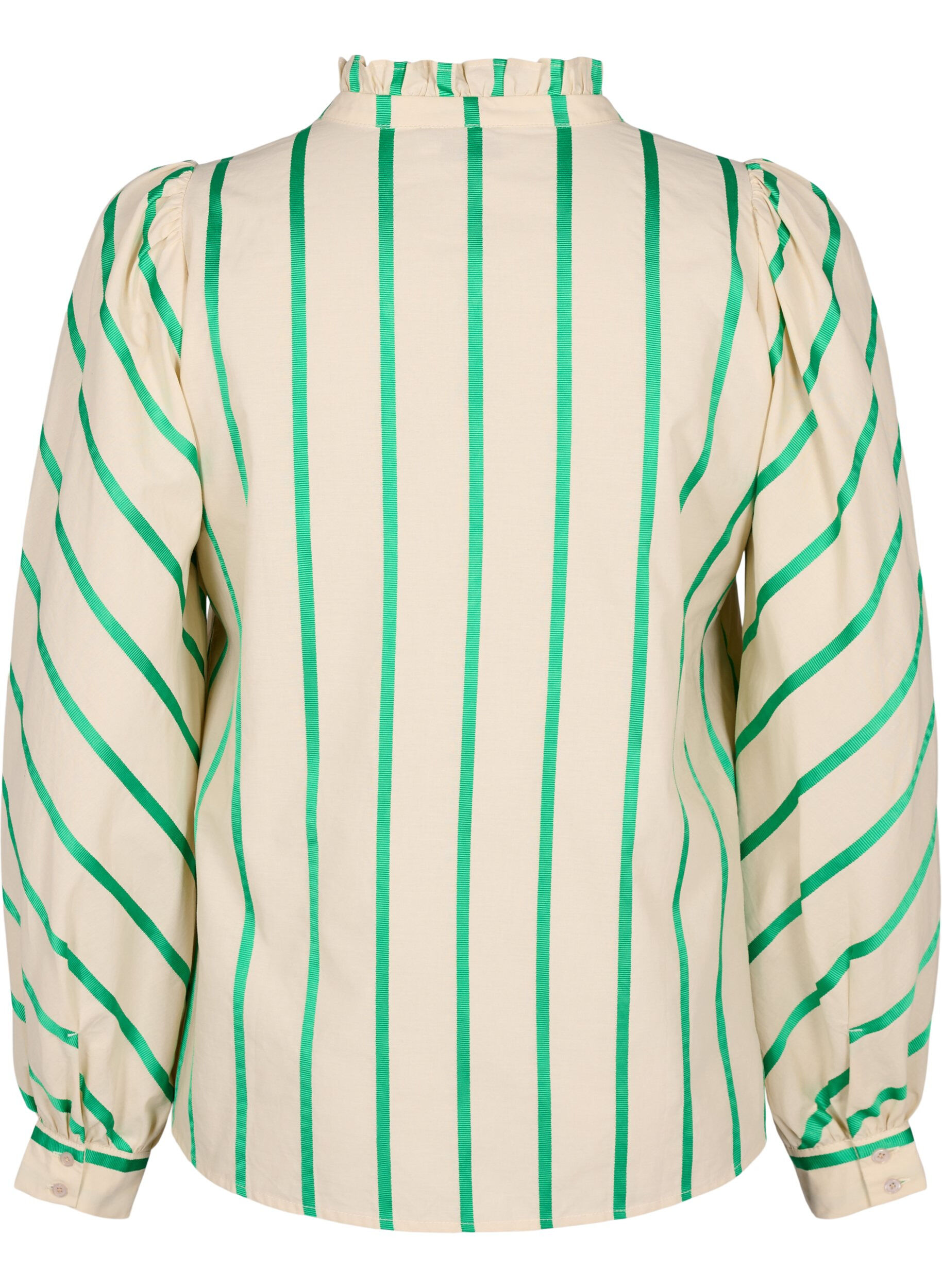 Zizzi Stribet skjortebluse i bomuld med fl&aelig;sekrave, Beige Green Stripe, Packshot image number 1