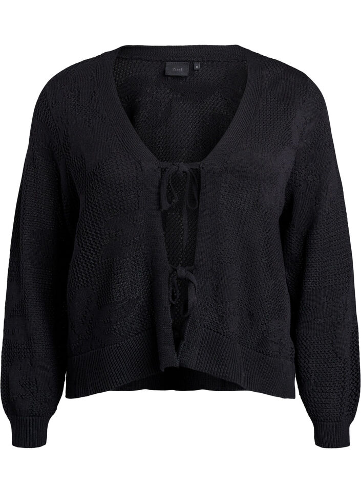 Strikket cardigan med hulmønster og bindebånd, Black, Packshot image number 0