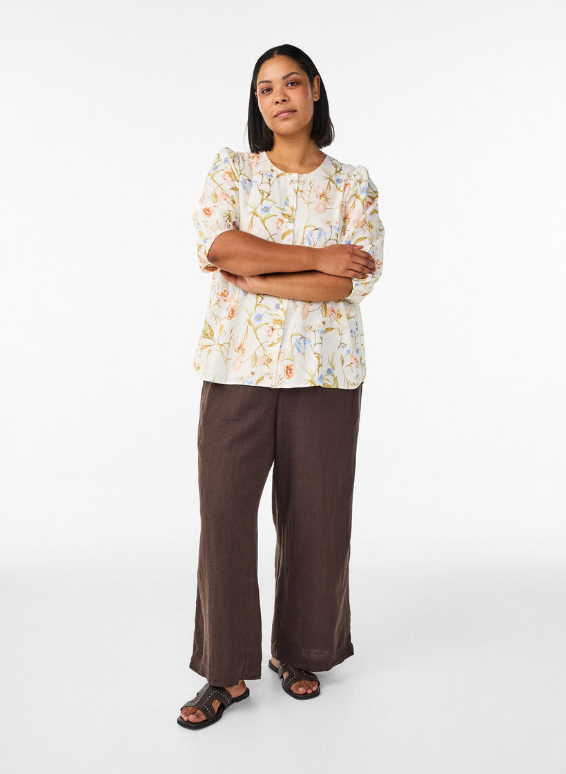 Skjortebluse i h&oslash;r og viskose med 3/4-&aelig;rmer, Vanilla, Model image number 1