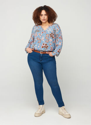 Cropped Amy jeans med høj talje og lynlås, Dark blue denim, Model image number 2