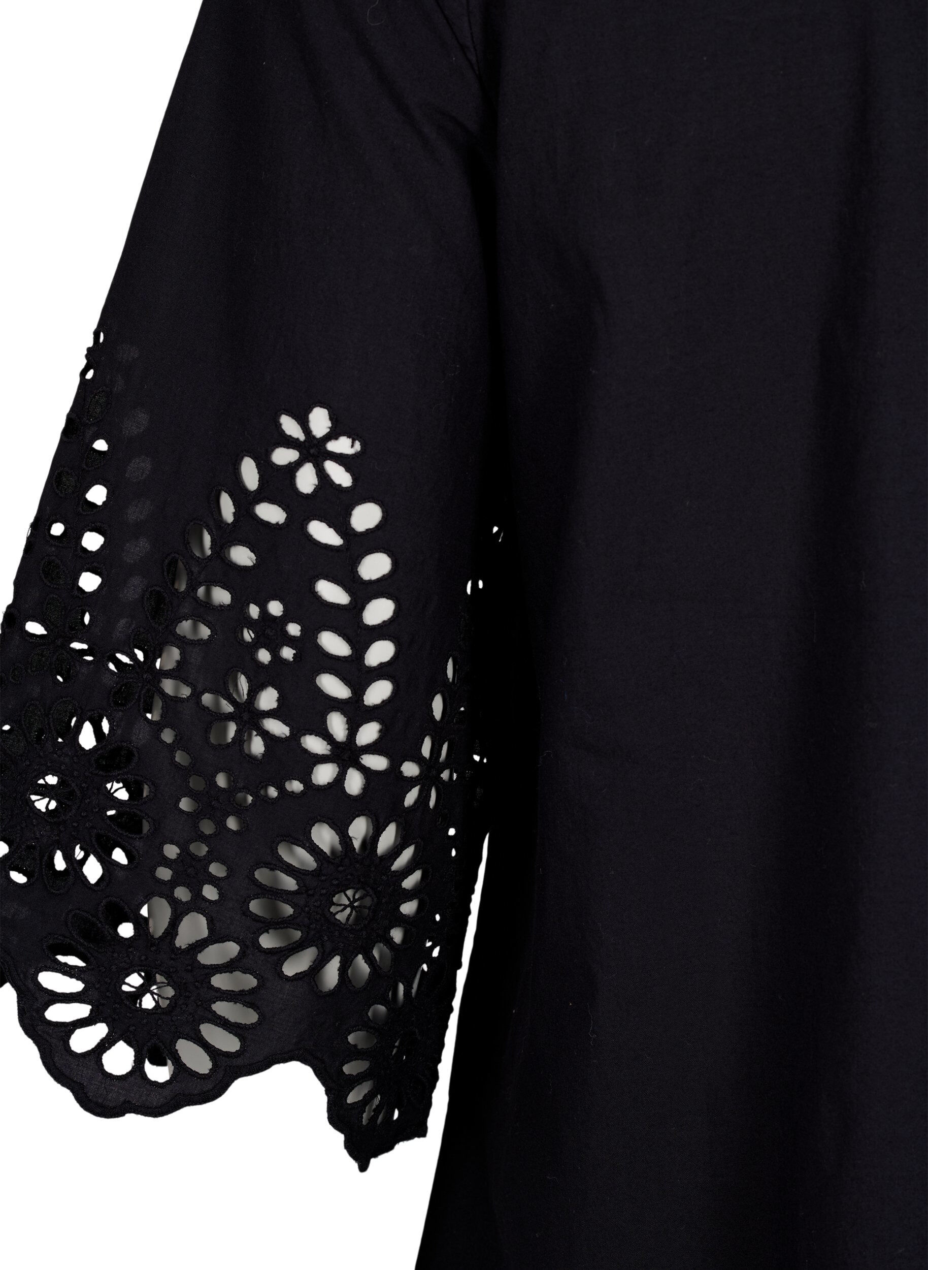 Zizzi Skjortebluse med broderi anglaise og 3/4 &aelig;rmer , Black, Packshot image number 3