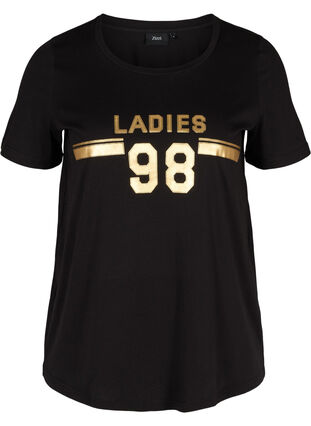 Bomulds t-shirt med tryk på brystet, Black LADIES 98, Packshot image number 0