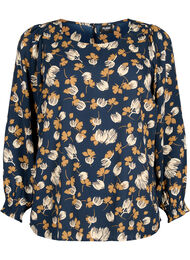 FLASH - Langærmet bluse med smock og print, Navy Brown Flower