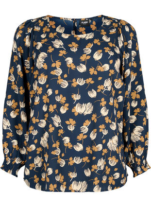 FLASH - Langærmet bluse med smock og print, Navy Brown Flower, Packshot image number 0