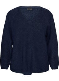 Strikbluse med V-hals og raglan&aelig;rmer, Bl&aring;