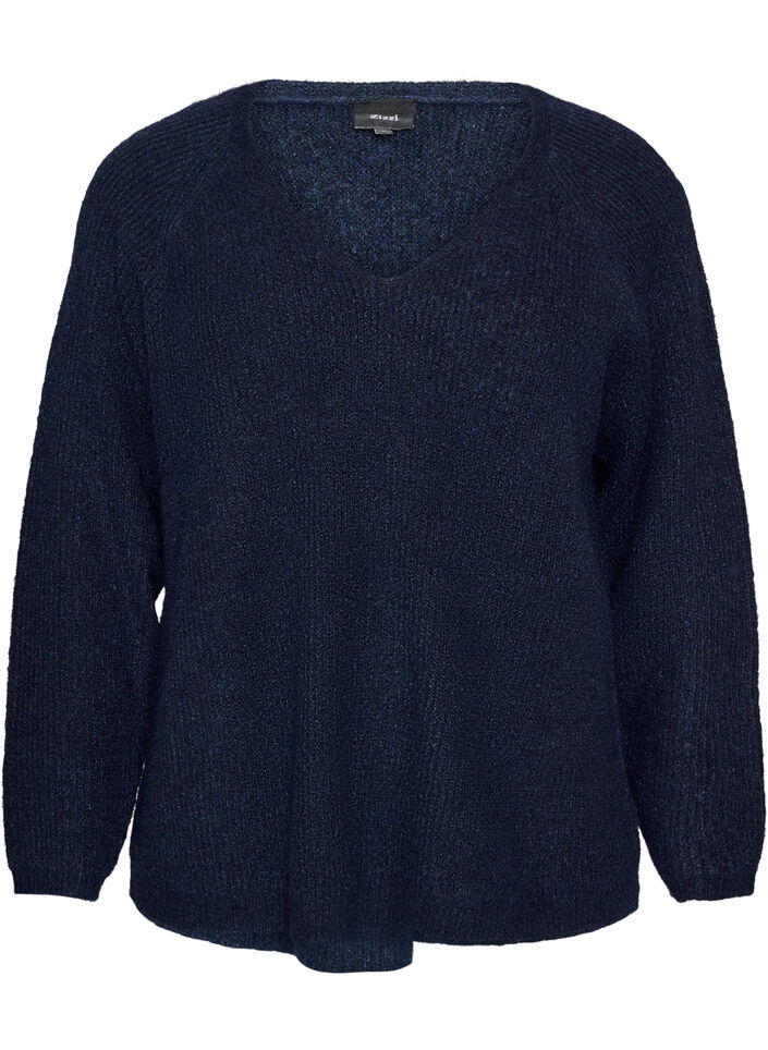 Strikbluse med V-hals og raglan&aelig;rmer, Bl&aring;, Packshot image number 0