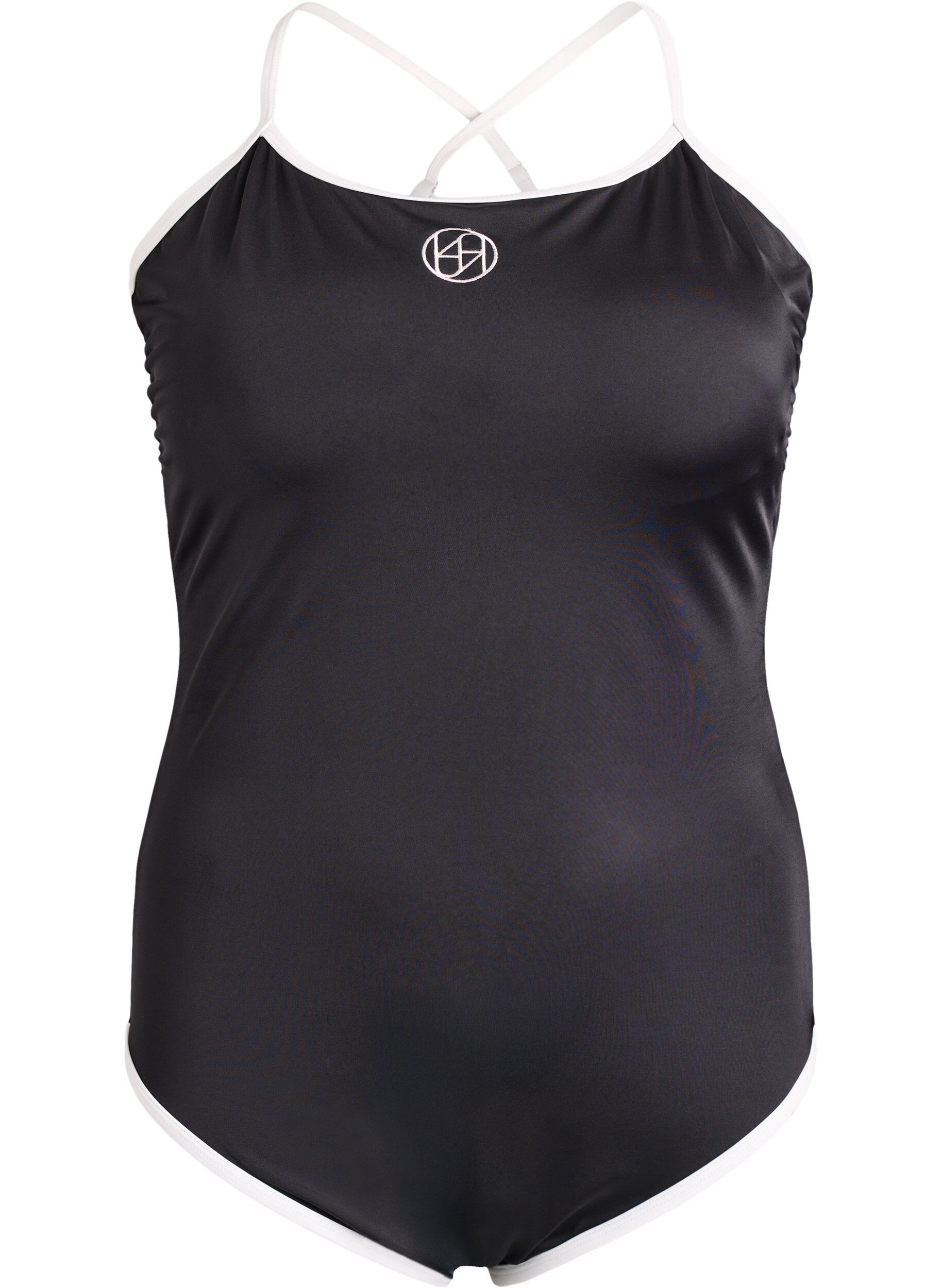 Sports badedragt med kontrastkanter og krydsede stropper