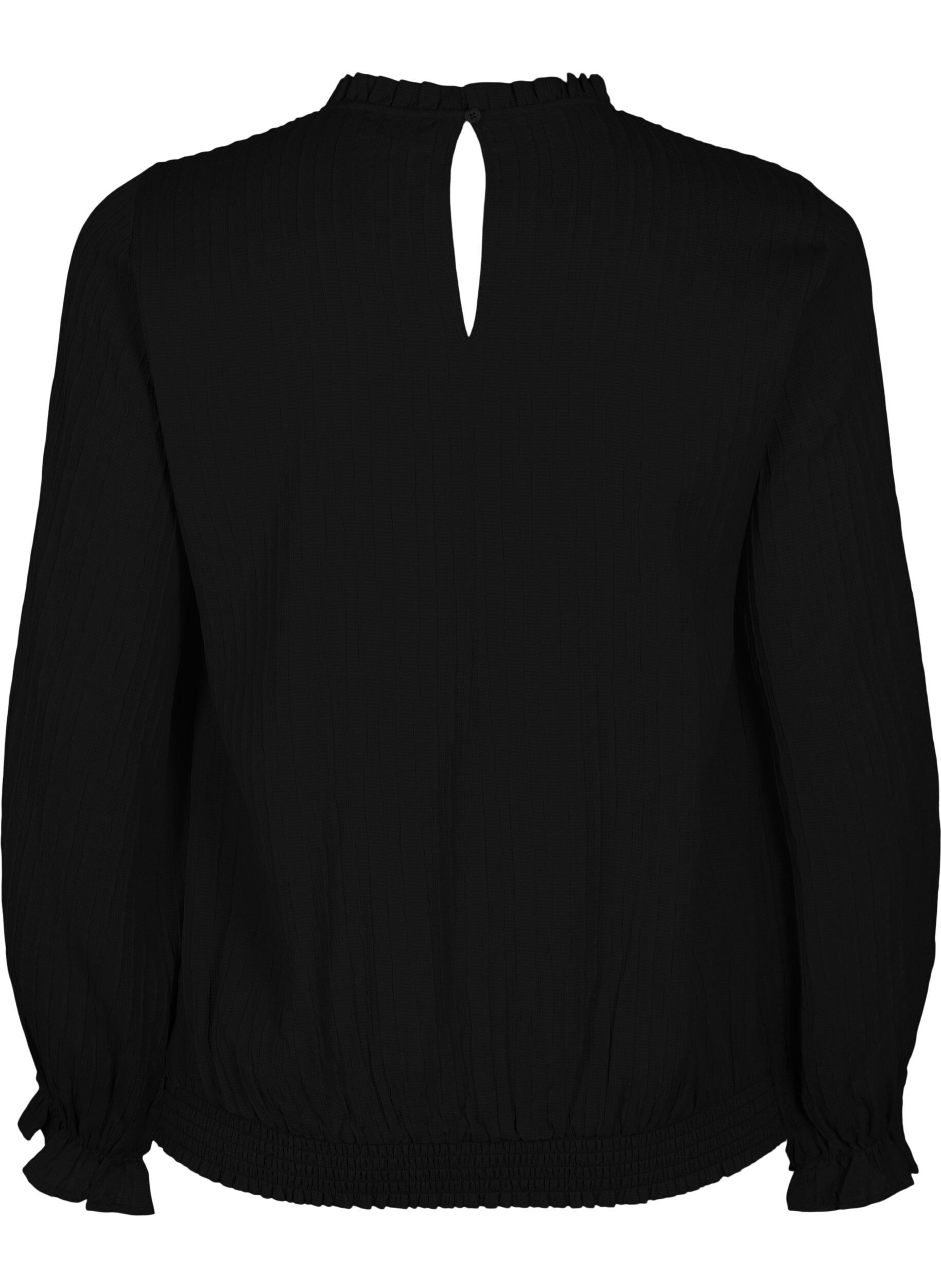 Zizzi Smockbluse med fl&aelig;ser og tekstur, Black, Packshot image number 1