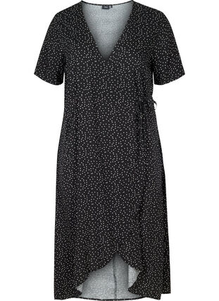 Prikket wrap kjole med korte ærmer, Black, Packshot image number 0