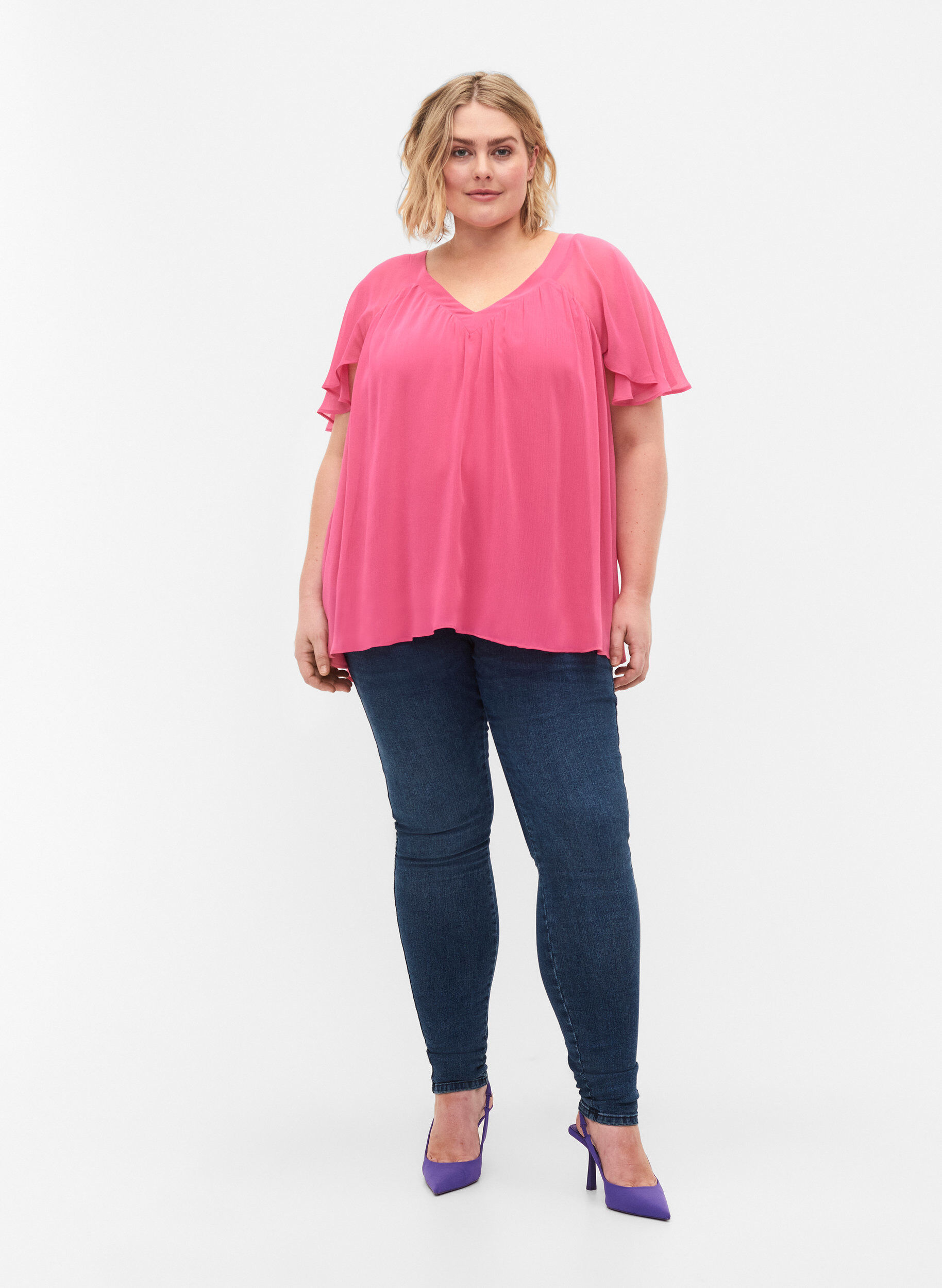 Zizzi Ensfarvet bluse med flagermus&aelig;rmer og v-hals, Shocking Pink, Model image number 2