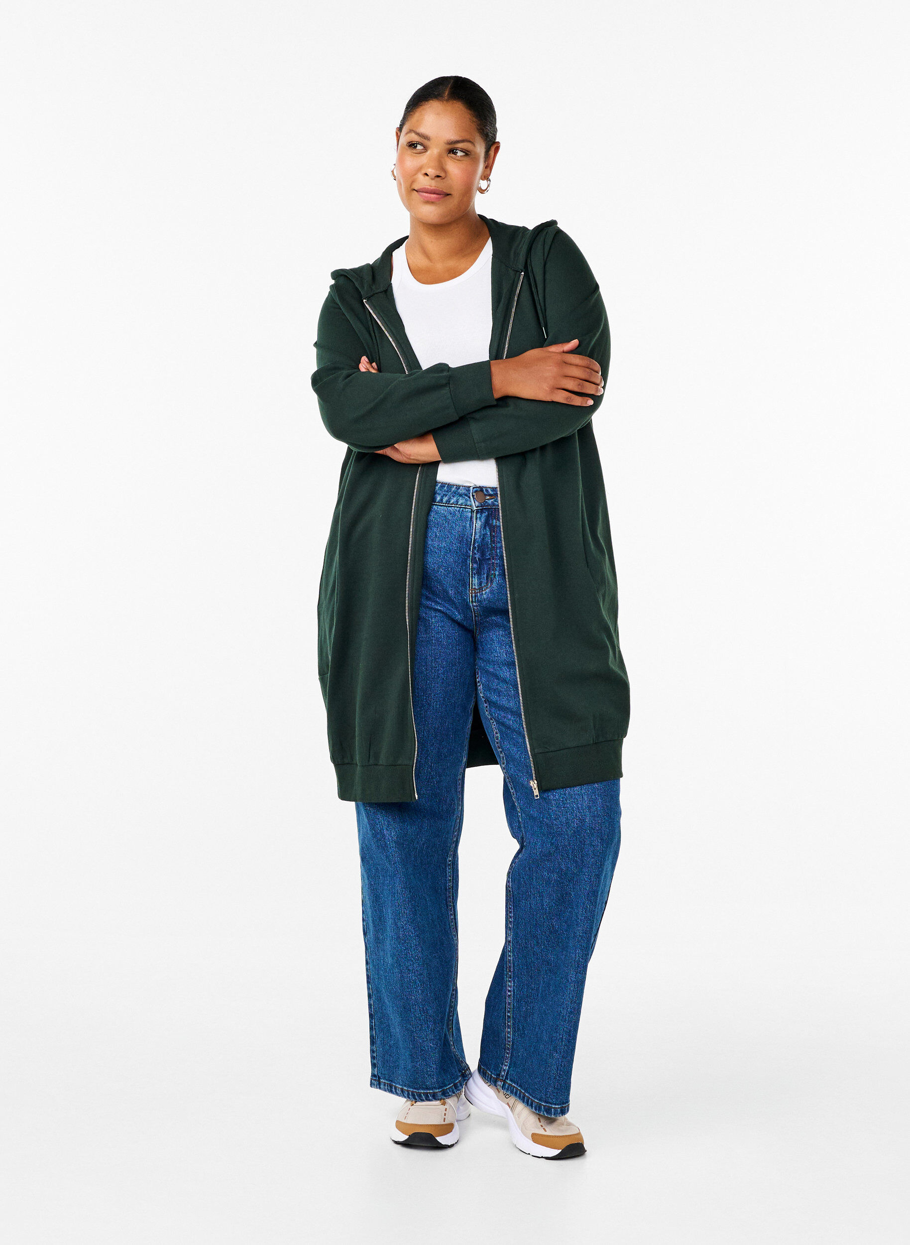 Zizzi Lang bomulds sweat cardigan med h&aelig;tte, Gr&oslash;n, Model image number 1