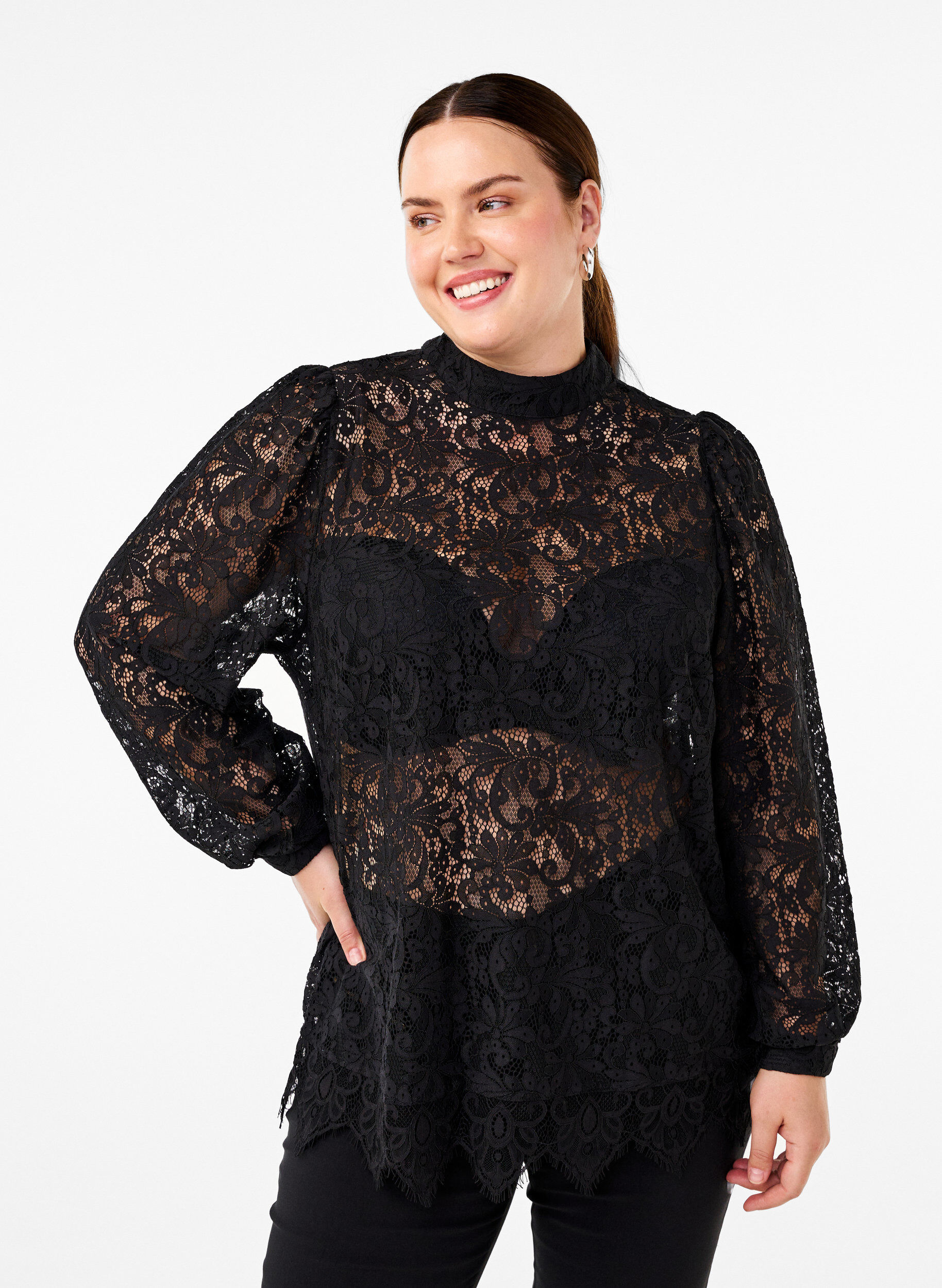 Zizzi Blonde bluse med sl&oslash;jfedetalje, Black, Model image number 0