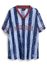 Stribet blondebluse med statementprint, Blå