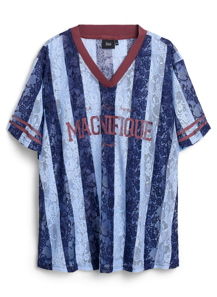 Stribet blondebluse med statementprint, Blå, Packshot image number 0