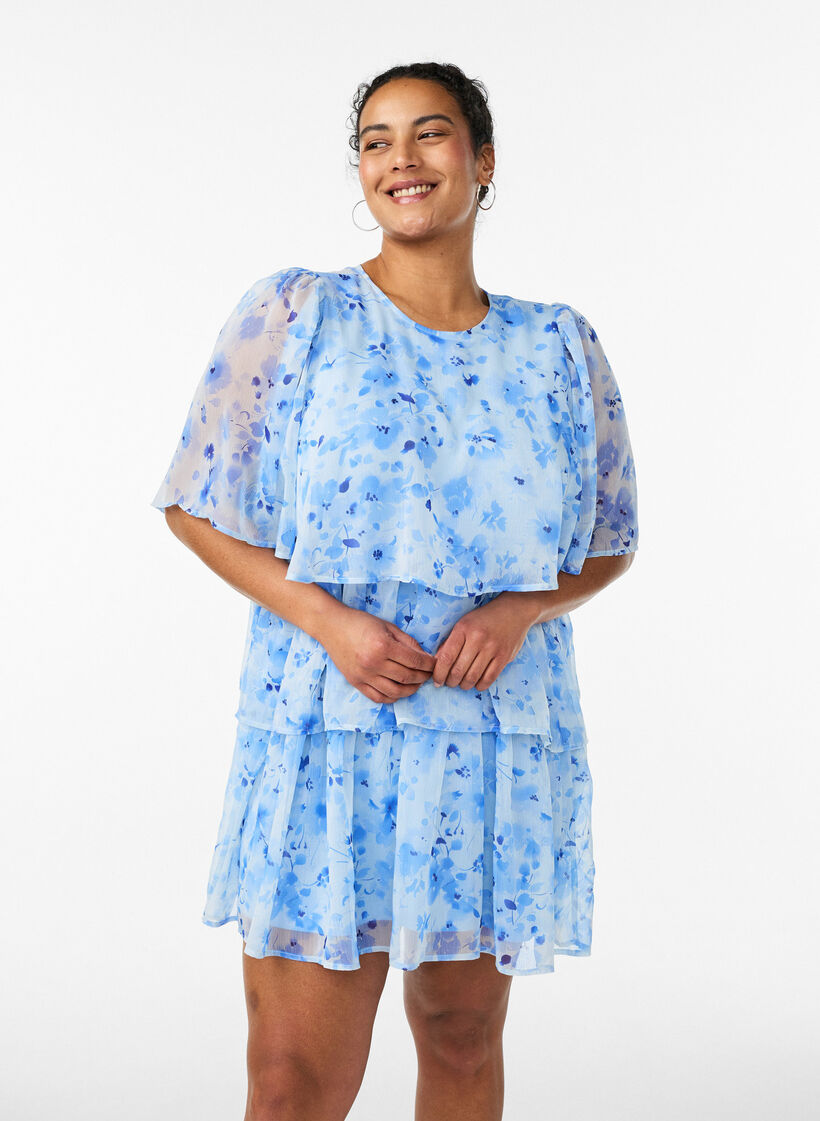 Kort kjole i chiffon-look med blomsterprint og fl&aelig;selag, Bl&aring;, Model image number 0
