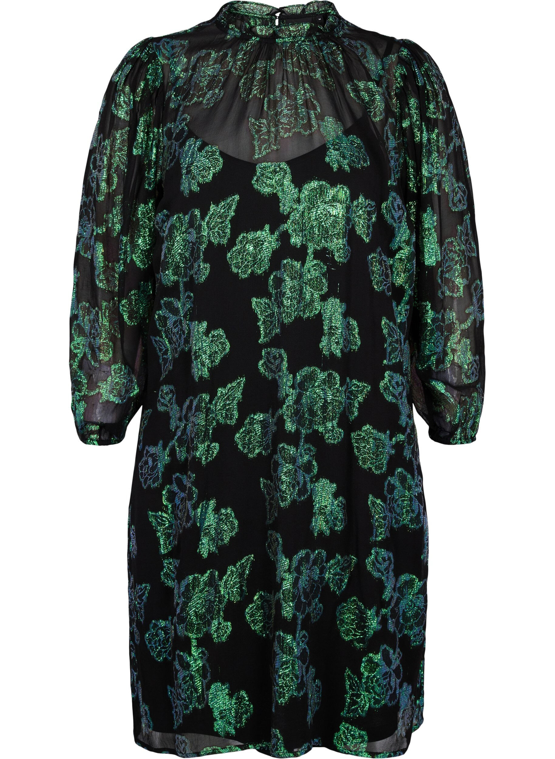 Zizzi Blomstret viskosekjole med lurex struktur, Black w. Green Lurex, Packshot image number 0