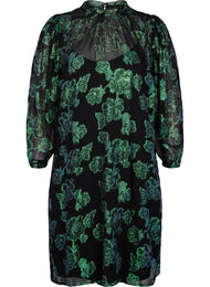 Blomstret viskosekjole med lurex struktur, Black w. Green Lurex