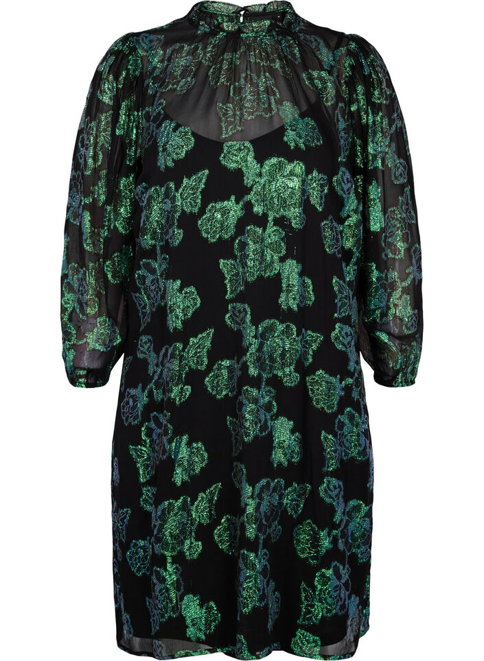 Blomstret viskosekjole med lurex struktur, Black w. Green Lurex, Packshot image number 0