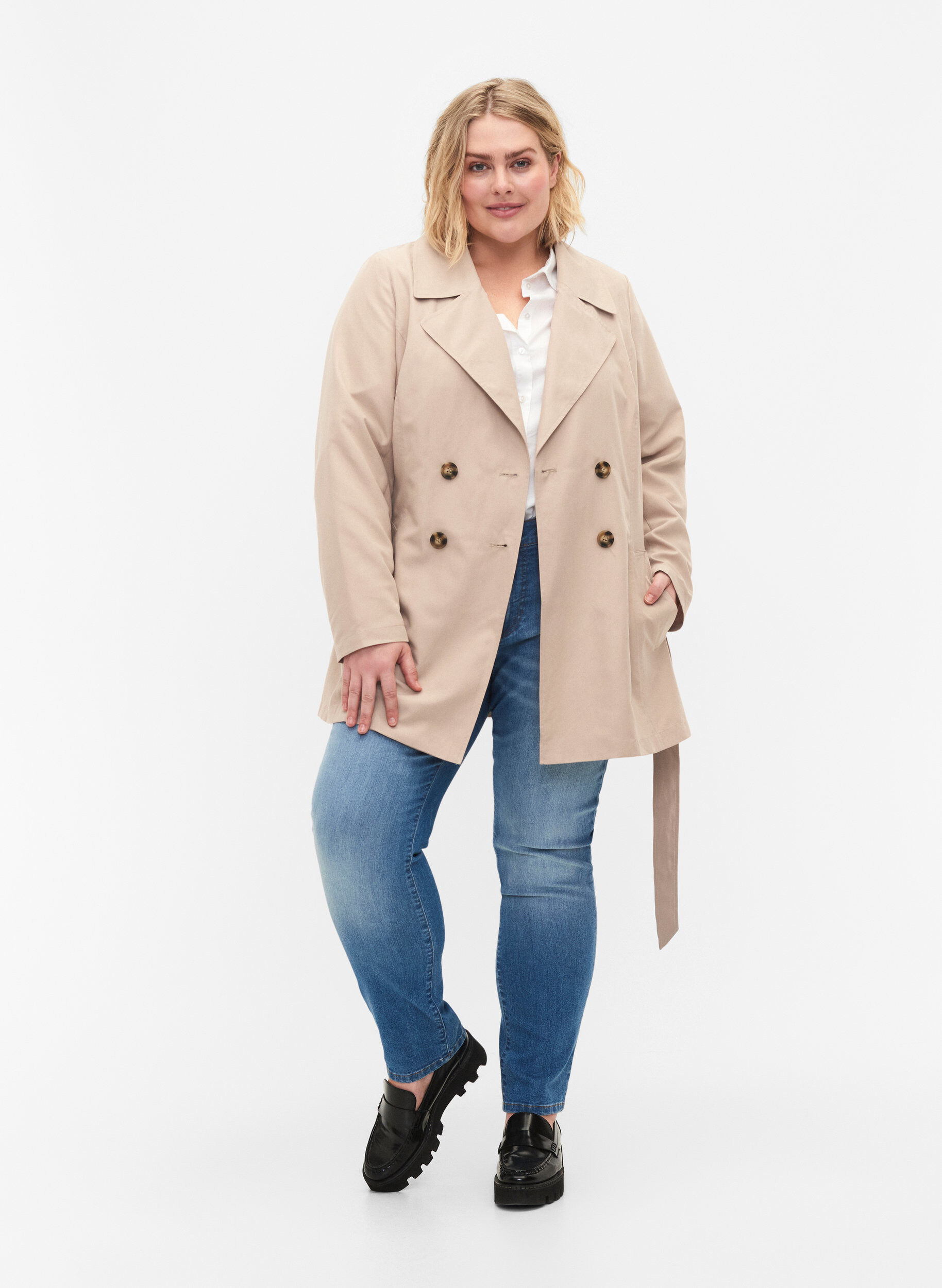 Zizzi Trenchcoat med b&aelig;lte og lommer, Nomad, Model image number 2