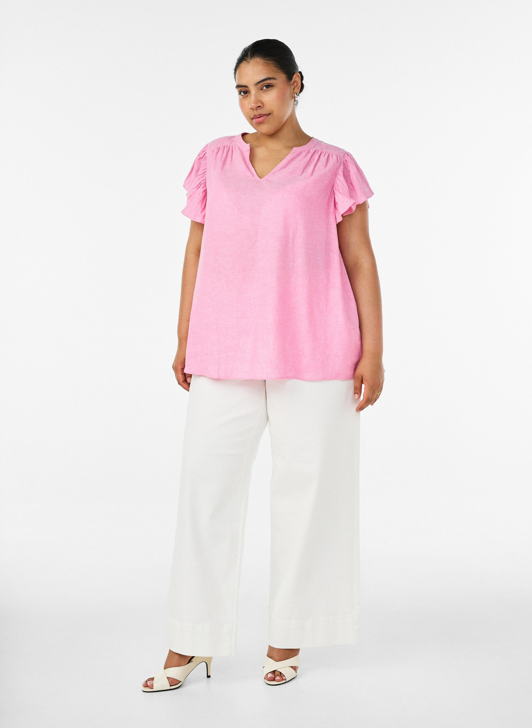 ZizziBluse i viskose og h&oslash;r med fl&aelig;se&aelig;rmer, Lyser&oslash;d, Model image number 1